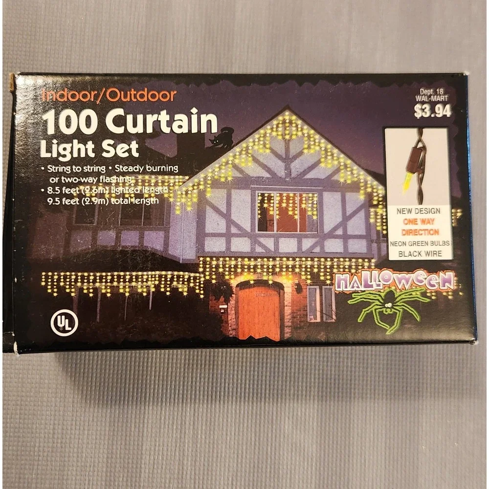 Vintage Halloween 100 Curtain Light Set Neon Green Bulbs Black Wire Wal-Mart